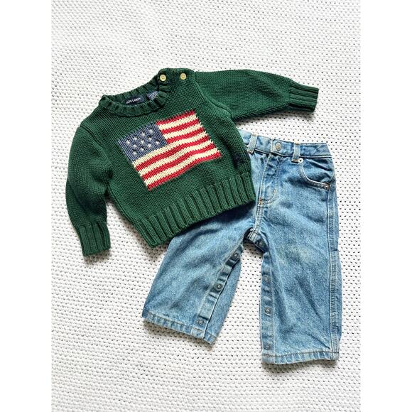 Polo Ralph Lauren Baby Green Flag Knit Sweater Denim Jeans...